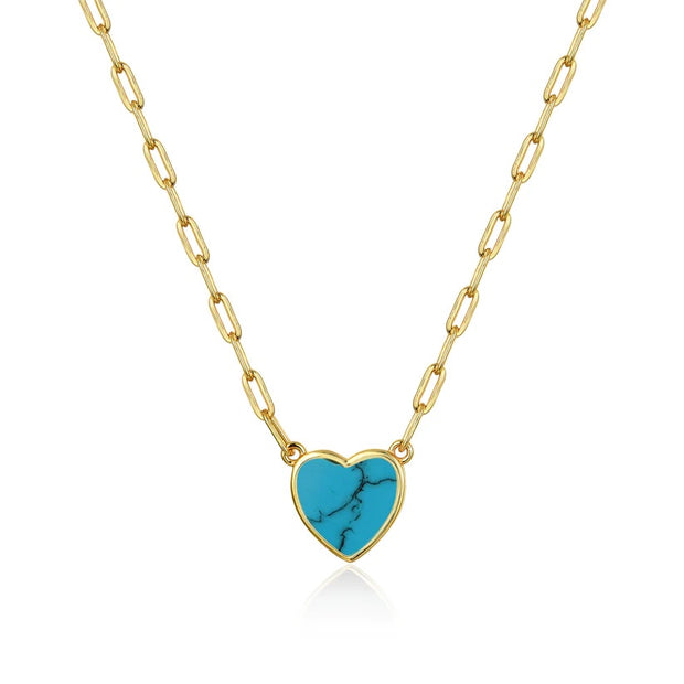 Bezel Turquoise Heart Paperclip Necklace in Yellow Gold