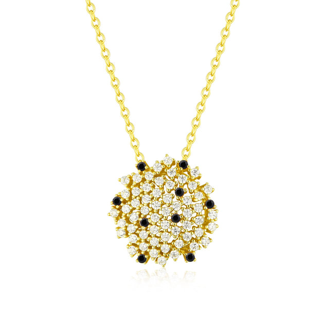 Scattered Pave Onyx &  CZ Round Pendant in Yellow Gold