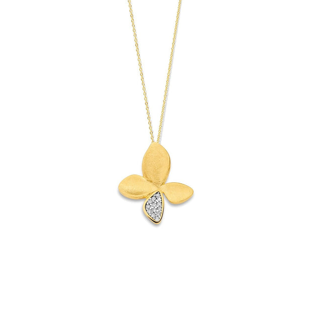 Brushed & CZ Floral Pendant in Yellow Gold