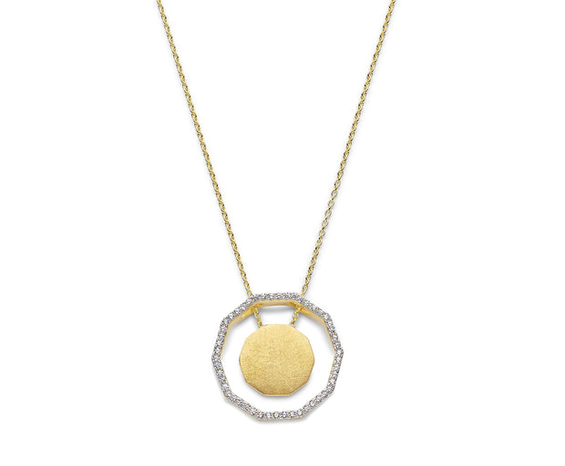 Open CZ & Brushed Hexagon Pendant in Yellow Gold