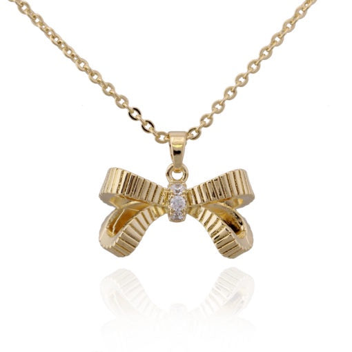 CZ Ribbon Bow Necklace in Yellow Gold