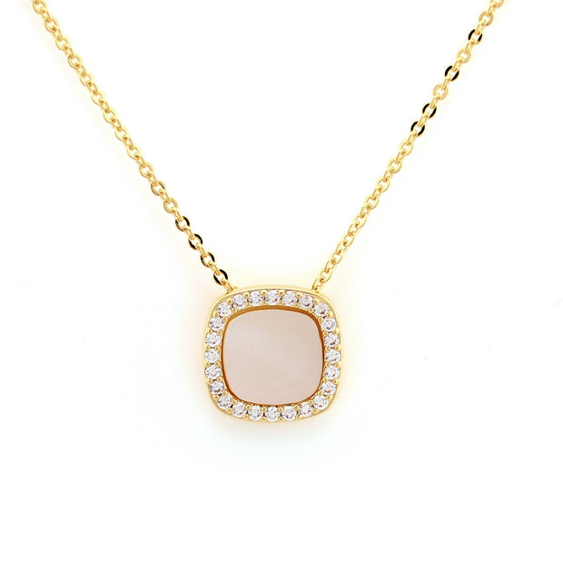 Square CZ Outline Mother of Pearl Pendant in Yellow Gold