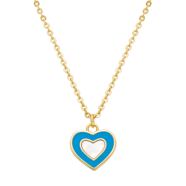 Blue Small Enamel Mother of Pearl Heart Necklace