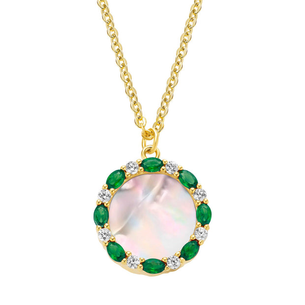 Emerald Oval Stone Outline Mother of Pearl Round Pendant
