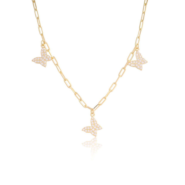 Three CZ Butterflies Paperclip Chain Necklace