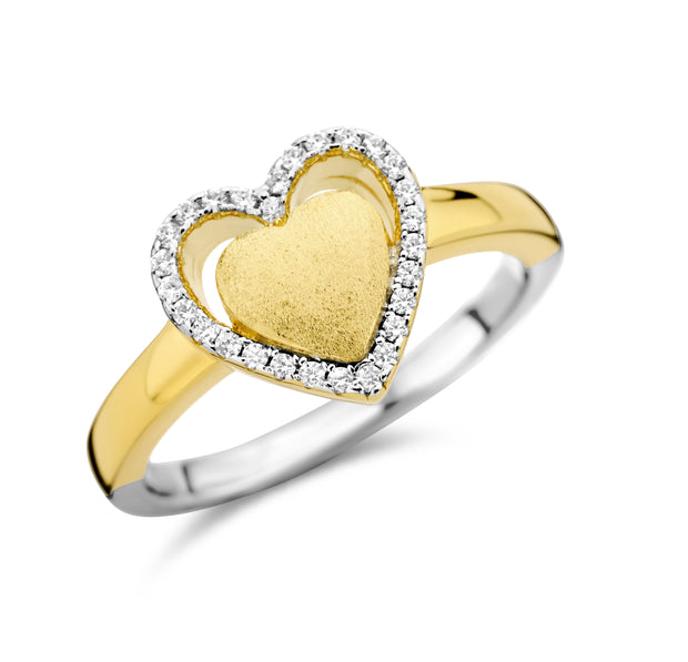 Brushed & Open CZ Heart Ring in Yellow Gold