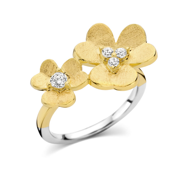 Double Brushed Flower CZ Ring in Yellow Gold