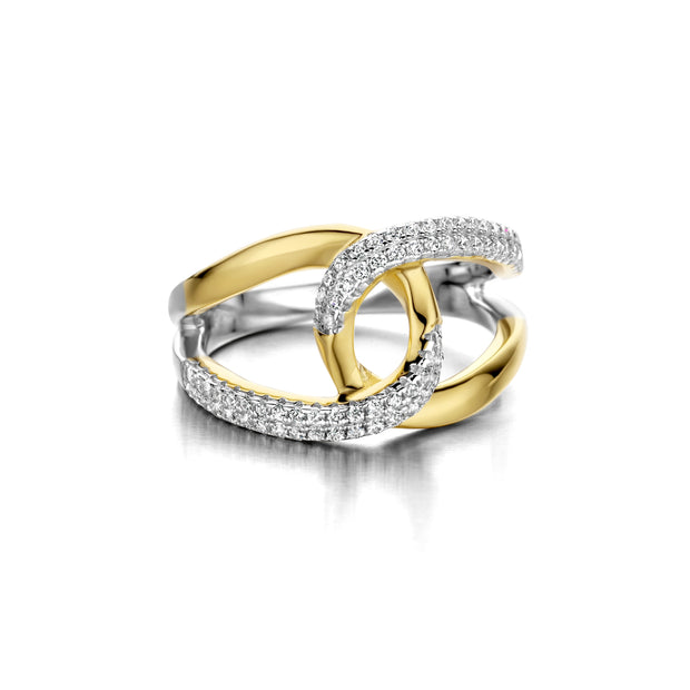 CZ Pave & Polished Interlinked Ring in Yellow Gold