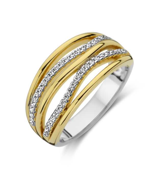 Polished & CZ Waved Lines Ring in Yellow Gold