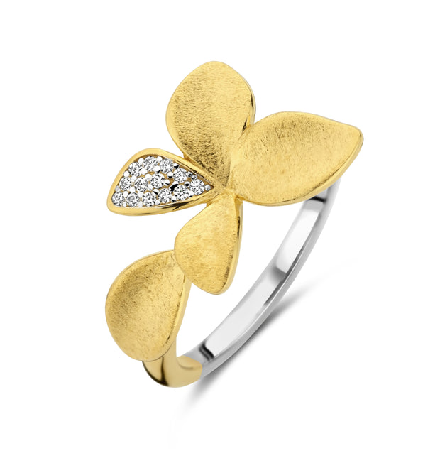 Brushed & CZ Floral Ring in Yellow Gold