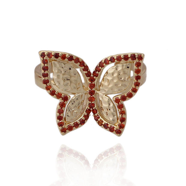 Yellow Gold Hammered Butterfly Ring With Red Stones