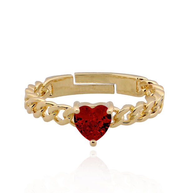 Cuban Link Red Heart Stone Ring in Yellow Gold