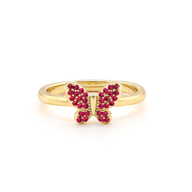 Sweet Fuchsia Butterfly CZ Ring in Yellow Gold