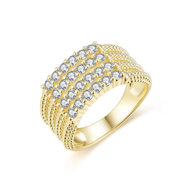 CZ & Textured Thick Band Ring in Yellow Gold