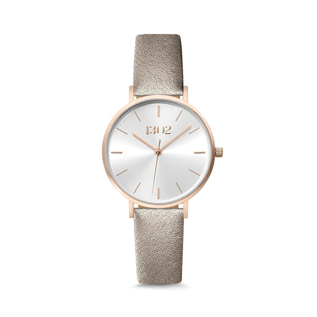 1302 Sunray Face Rose Gold PewterBand Watch