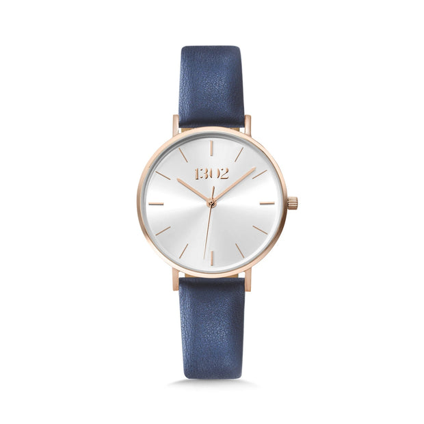 1302 Sunray Face Rose Gold Blue Leather Band Watch