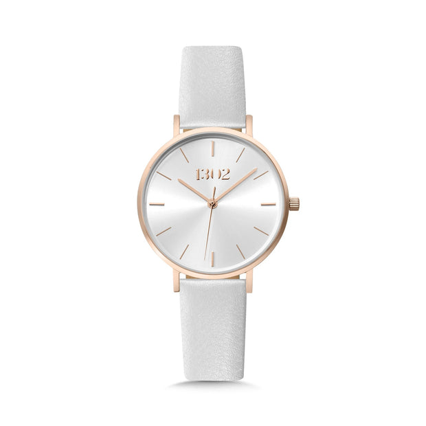 1302 Sunray Face Rose Gold White Band Watch
