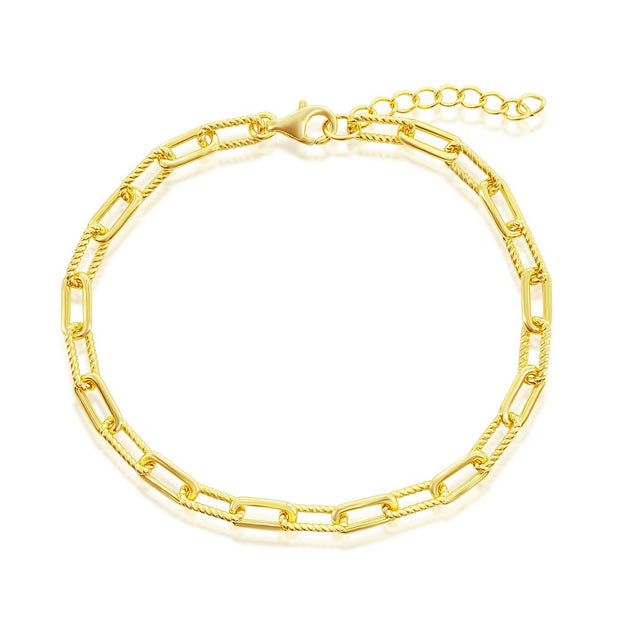 Polished & Rope Design Paperclip Bracelet in Yellow Gold