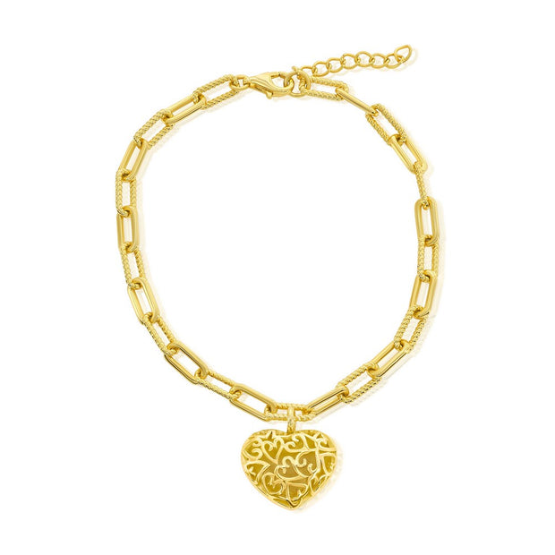 Puffed Heart , Rope & Polished Paperclip Bracelet in Yellow Gold