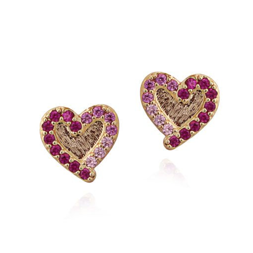 Pink CZ Outline Heart Studs In Yellow Gold