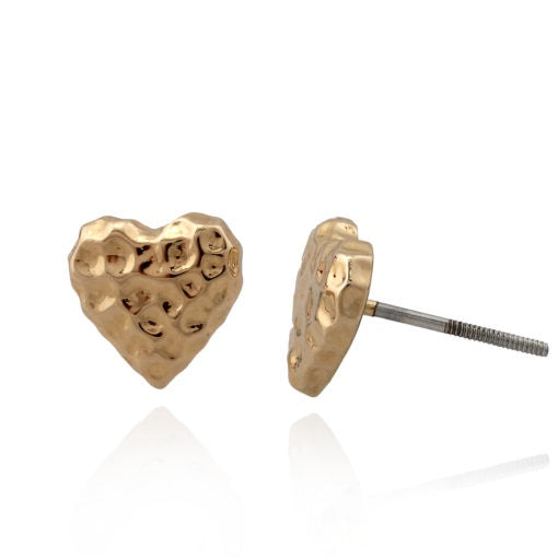 Hammered Puffed Heart Screw Studs in Yellow Gold