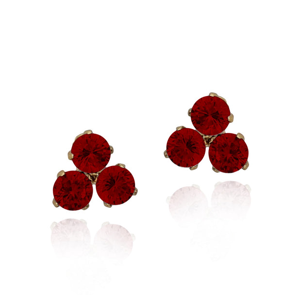 Three Red Stone Stud Earrings in Yellow Gold