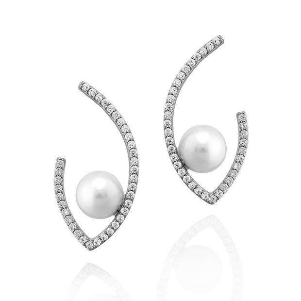 Pointed Pearl Drop Stud Earring in White Gold