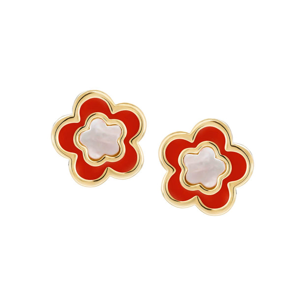 Small Mother of Pearl Enamel Flower Studs in Red