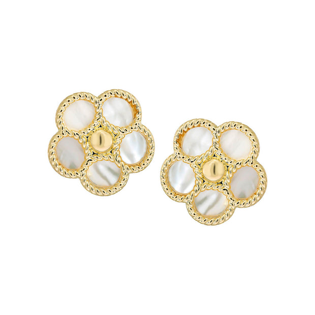 Twisted Rope Mother of Pearl Flower Studs in Yellow Gold