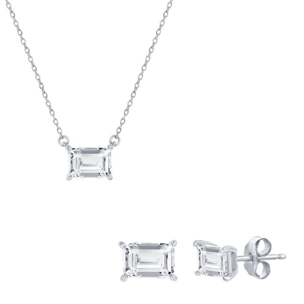 Emerald Cut 7mm CZ Solitaire Necklace & Studs Set in White Gold