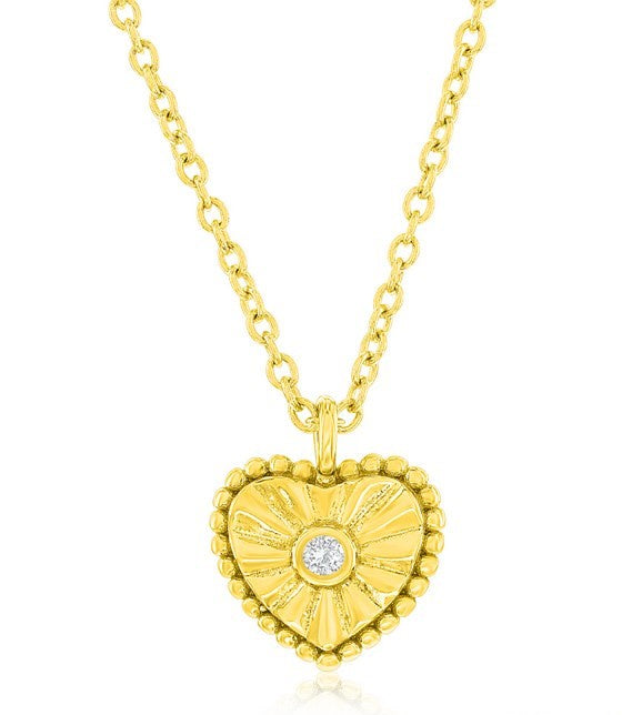 Beaded Heart CZ Necklace in Yellow Gold