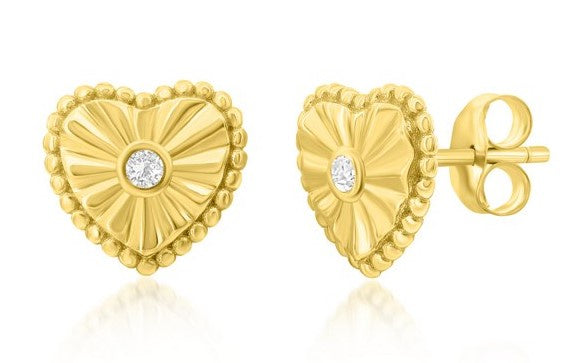 Beaded Heart CZ Studs in Yellow Gold