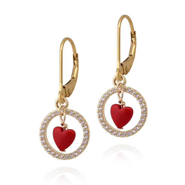 CZ Circle Red Dangling Heart Rounded Lever Back Earrings