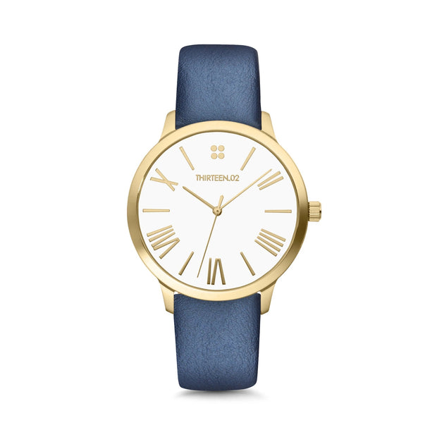 1302 Yellow Gold Case & Roman Numerals/White Dial Blue Band Watch