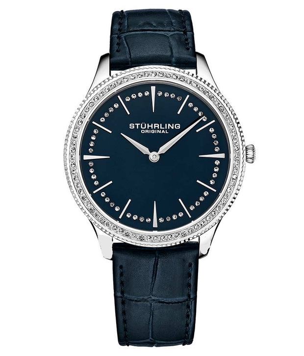 STUHRLING Symphony Silver Crystals Genuine Leather Watch in Navy