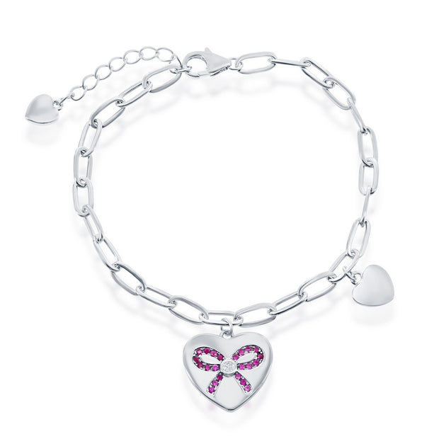 Heart with Ruby CZ Ribbon Paperclip Bracelet in White Gold
