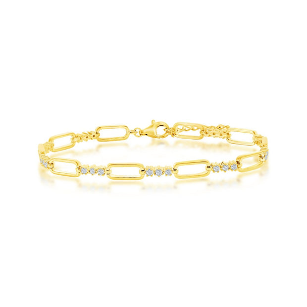 Alternating Paperclip & CZ Design Bracelet in Yellow Gold