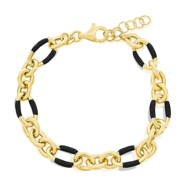 Black Enamel Link Bracelet in Yellow Gold
