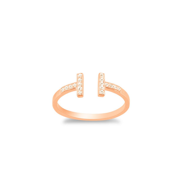 Rose Gold Cz Double T Ring