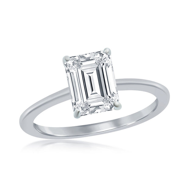 Solitaire Emerald Cut CZ Engagement Ring in White Gold