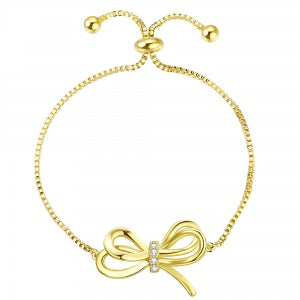 Double Polished & CZ Bow Drawstring Bracelet in Yellow Gold