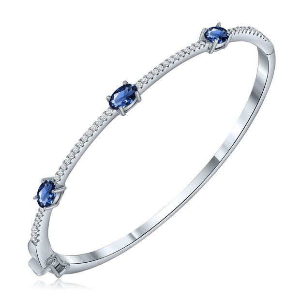 Triple Sapphire Oval Thin CZ Bangle in White Gold