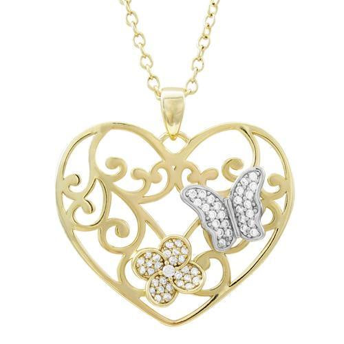 Filigree Heart Cz Flower & Butterfly Pendant