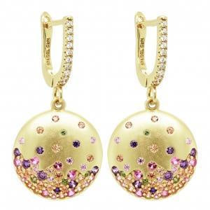 Yellow Gold Matte Circle Multi-Colored Cluster Stones Earrings