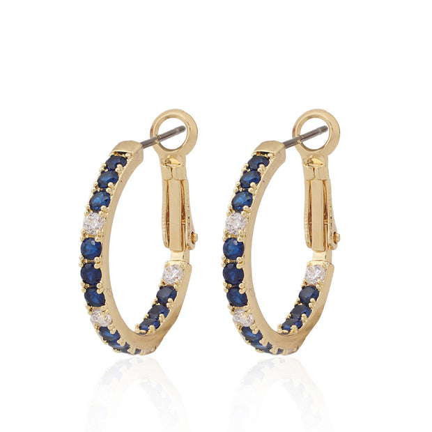 Large Thin  Blue CZ Hoop Earrings In Yellow Gold