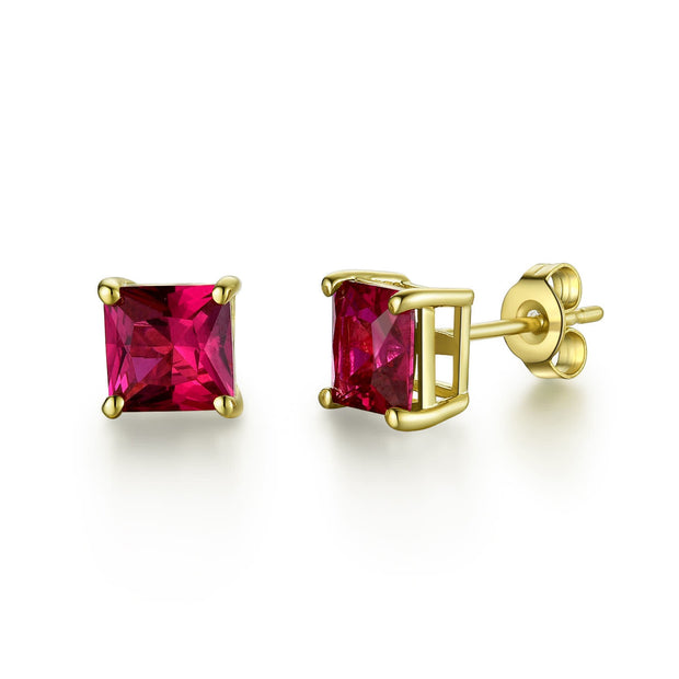 Square Ruby Studs in Yellow Gold
