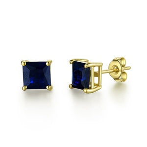 Square Sapphire Studs in Yellow Gold
