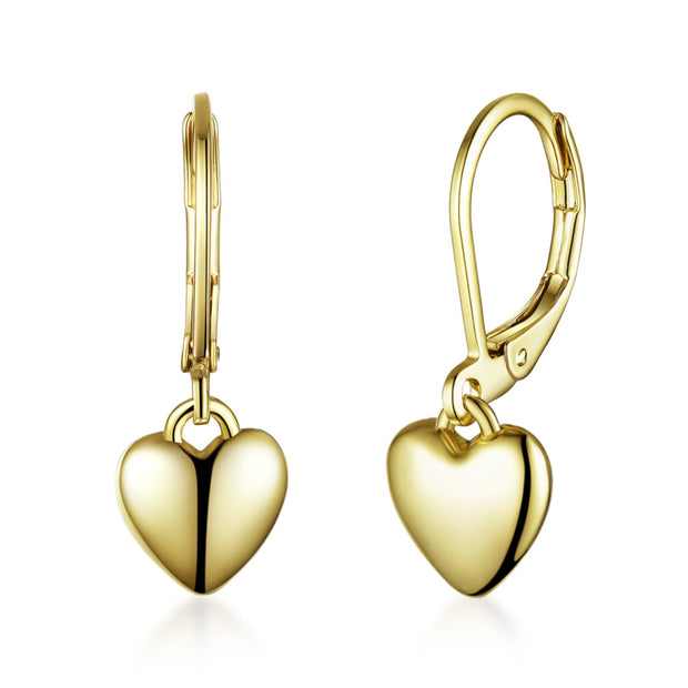 Polished Puffed Heart Lever Earrings in Yellow Gold