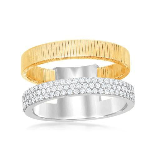 Two-Tone Ribbed Cz Parallel Line Ring