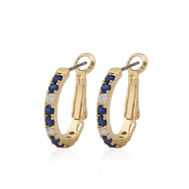 Medium Thin  Blue CZ Hoop Earrings In Yellow Gold
